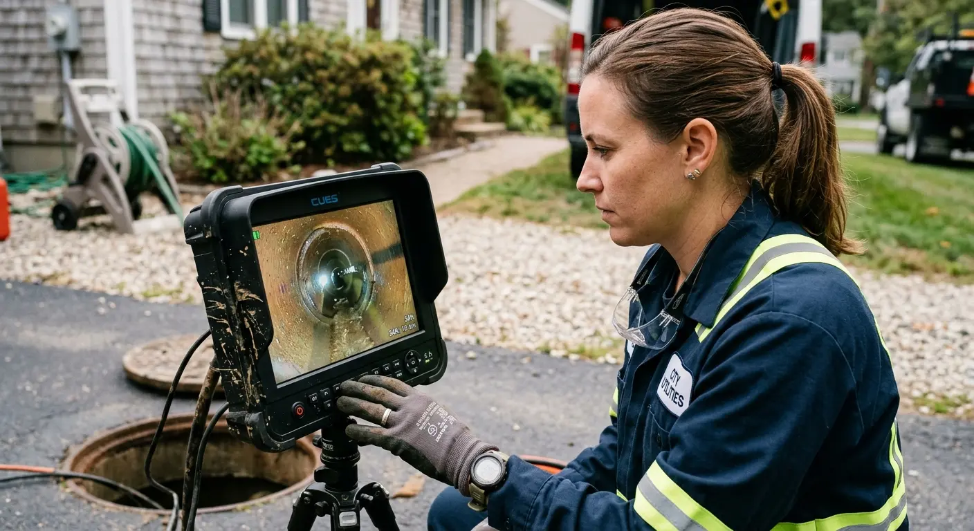 Technician reviewing sewer camera inspection footage in Fairfield