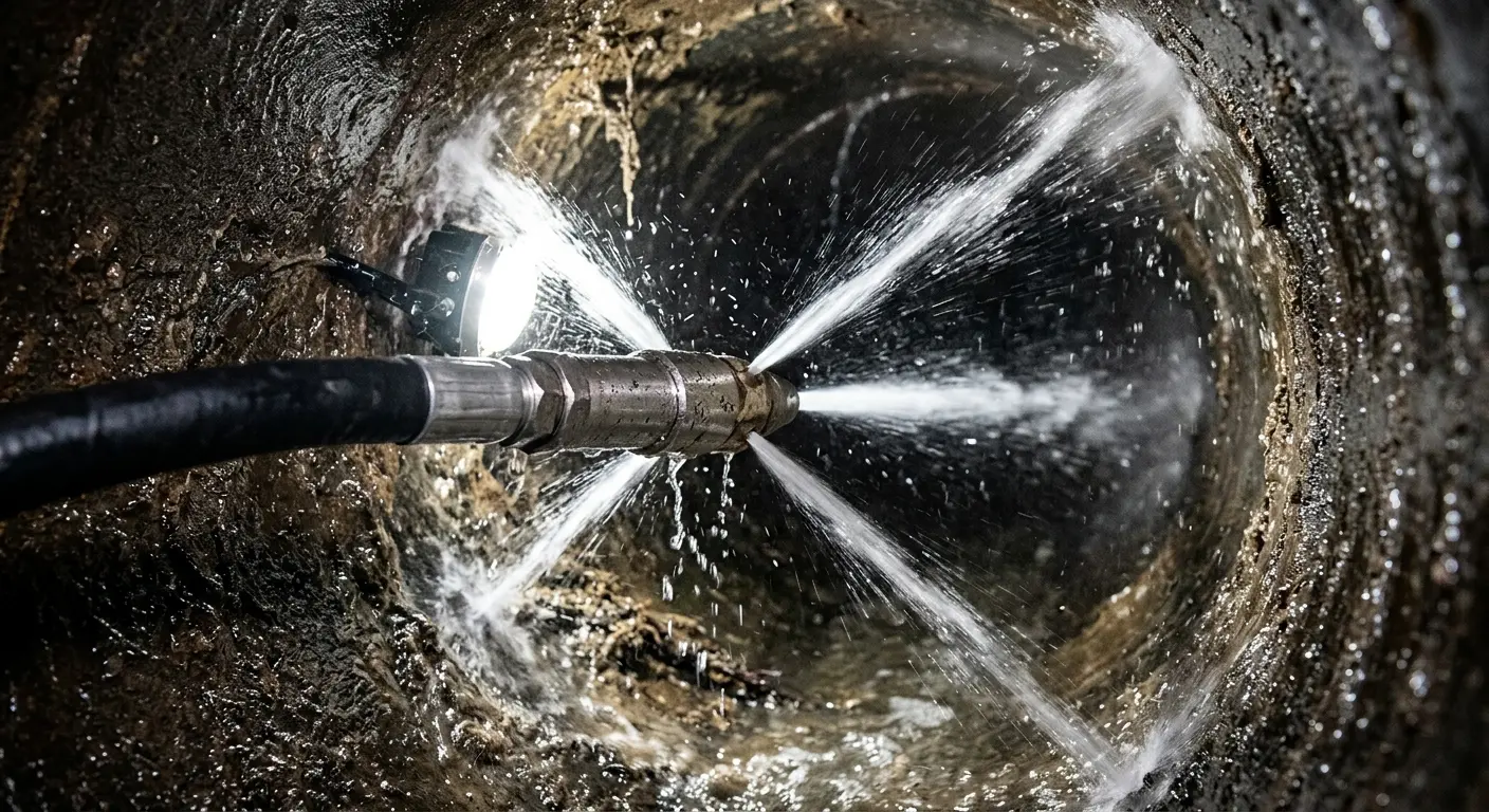 High-pressure hydro jetting nozzle cleaning sewer pipe for Trenchless Sewer Repair in Fairfield