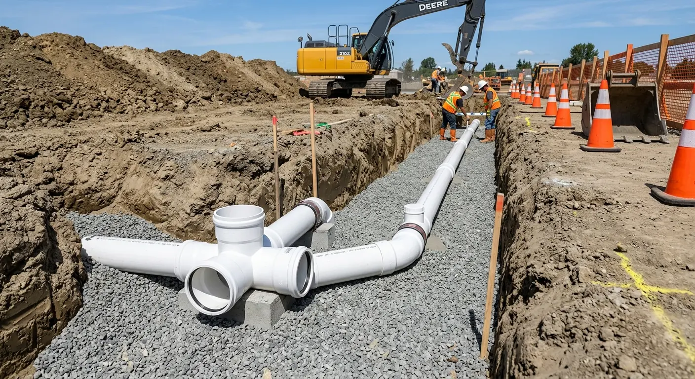 New PVC sewer pipe installation in open trench for Sewer Backup in Fairfield