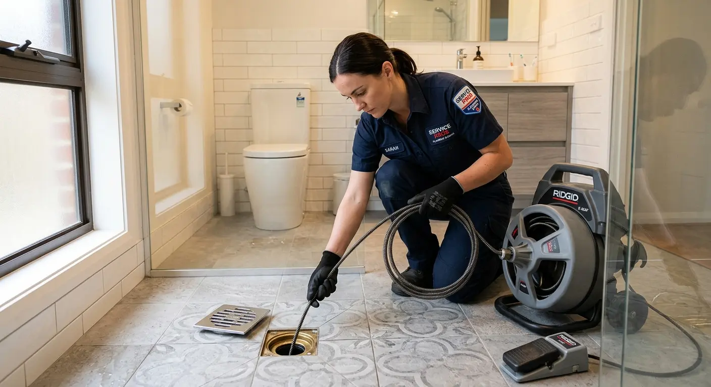 Technician clearing a bathroom floor drain for Drain Cleaning in Fairfield